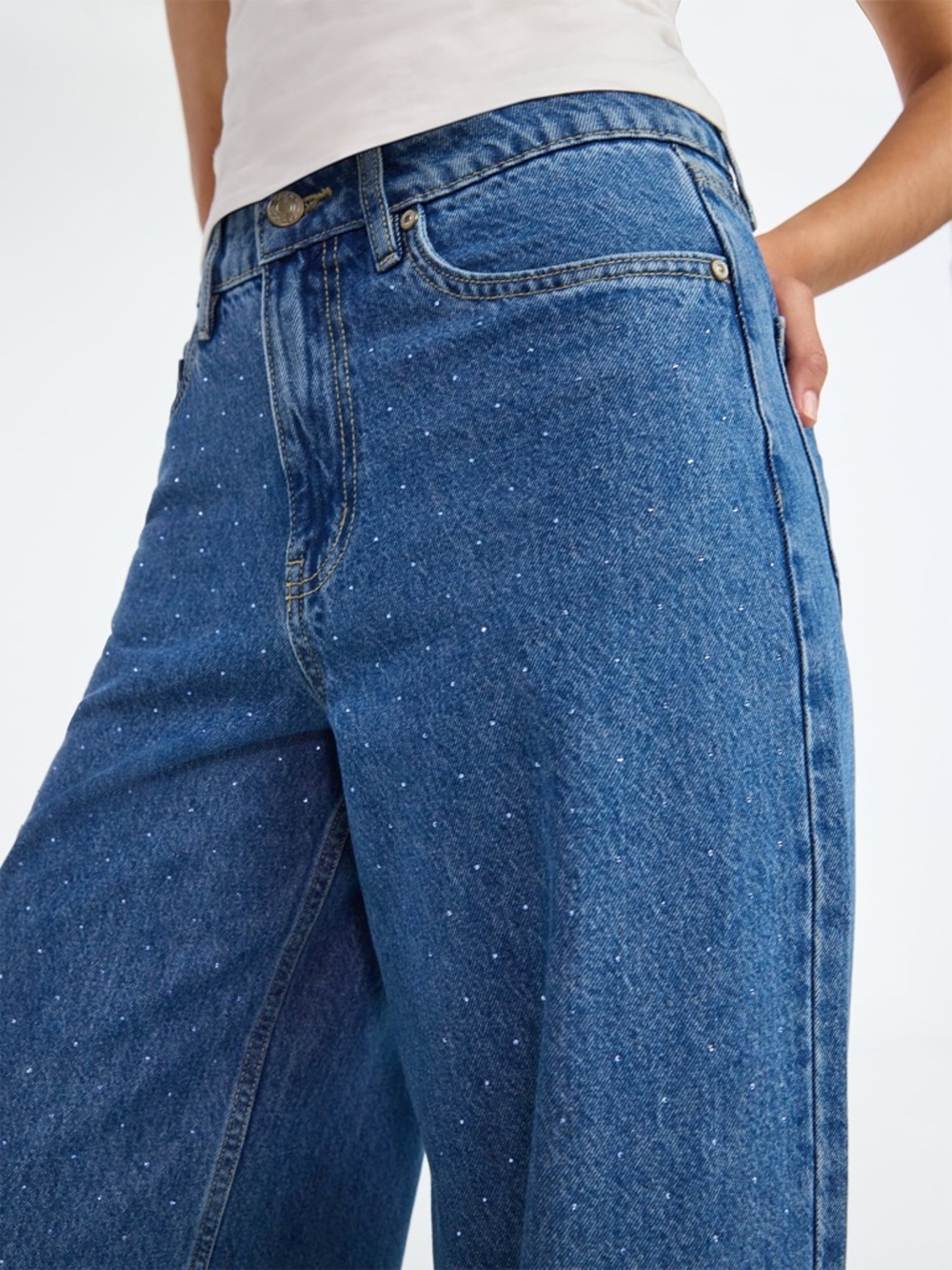 NWT Rhinestone Wide Leg Jeans High Rise Statement Denim Sparkle Size 12 - Picture 2 of 15